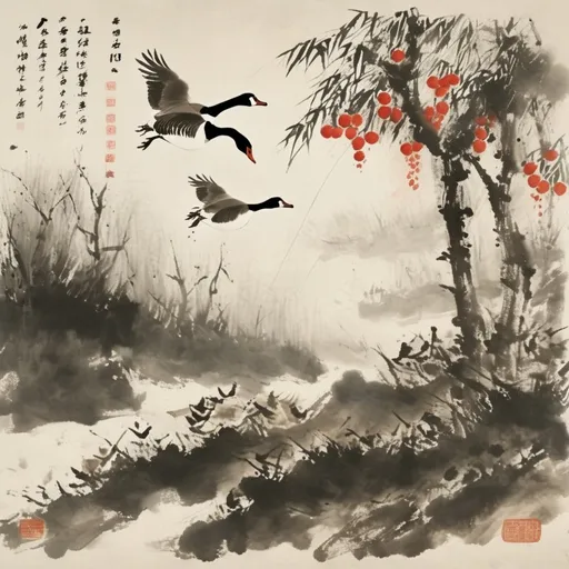 Prompt: a goose flying through a dark forest of fruit trees, followed by a hunter throwing greandes