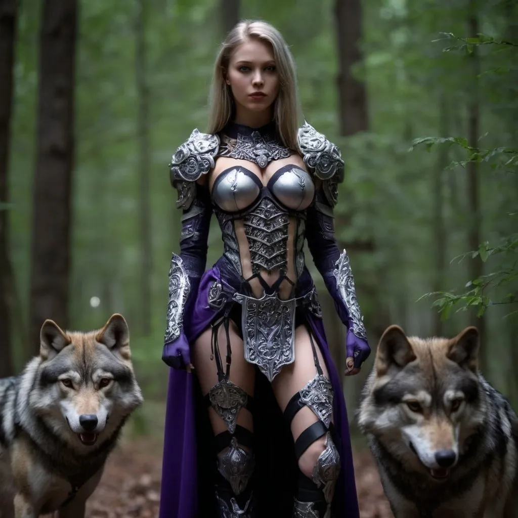 Prompt: full body goodess with wolves guarding her in the woods, violett skin, dark armor,  nature details, illuminated<mymodel>