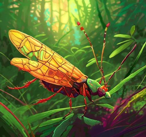 Prompt: <mymodel>Vibrant digital art of diverse insects and plants, warm natural sunlight, detailed textures, high resolution, illustrative, variety of bug species, lush green foliage, golden hour lighting, sunlit environment, nature, digital painting, detailed wings, natural diversity, professional, warm tones, atmospheric lighting, scene, various bugs
