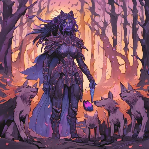 Prompt: <mymodel>Full body goddess with violet skin and dark armor, surrounded by wolves in a mystical forest, nature details, ethereal glow, high quality, detailed fantasy art, violet skin, dark armor, wolf guardians, mystical forest, nature details, ethereal glow, fantasy, professional, atmospheric lighting