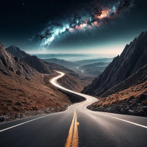 Prompt: windy road up a mountain going through space