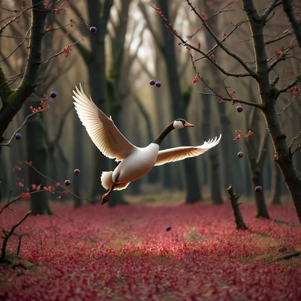 Prompt: a goose flying through a dark forest of fruit trees, followed by a hunter throwing greandes