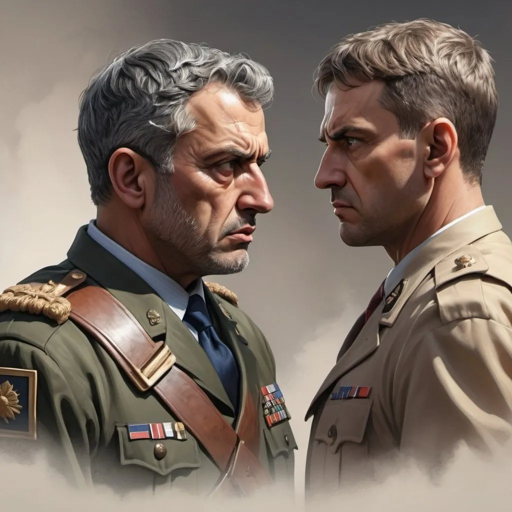 Prompt: Detailed illustration of a stoic soldier confronting a confident politician, realistic digital rendering, intense facial expressions, dramatic lighting and shadows, high definition, realistic, political drama, soldier, politician, intense gaze, stern expression, professional attire, serious demeanor, high-quality rendering, dramatic lighting, realistic style