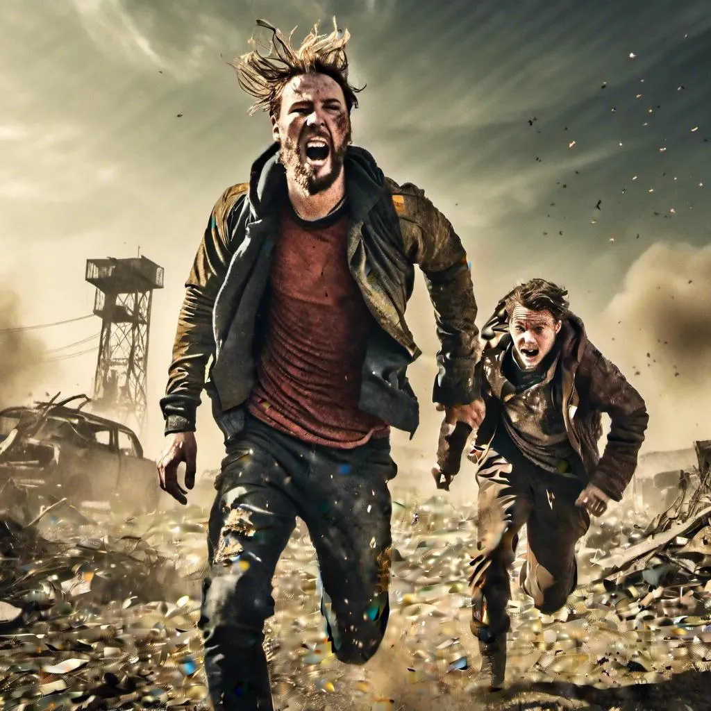 Prompt: <mymodel>Dark and gritty digital illustration of two brothers sprinting through a post-apocalyptic wasteland, intense and panicked expressions, dust and debris flying, tattered clothing, dynamic and action-packed composition, high-contrast and intense lighting, intense motion blur, dystopian, intense emotions, cinematic, action-packed, high quality, detailed, post-apocalyptic, dynamic composition, panicked expressions