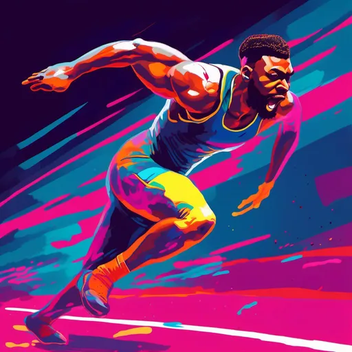 Prompt: <mymodel>Professional athlete sprinting on a track, dynamic and energetic pose, athletic wear with vivid colors, high-speed motion blur, stadium lights casting dramatic shadows, intense focus, high-quality digital illustration, vibrant and dynamic, athletic, motion blur, vivid colors, dynamic pose, athletic wear, stadium lights, dramatic shadows