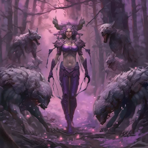 Prompt: <mymodel>Full body goddess with violet skin and dark armor, surrounded by wolves in a mystical forest, nature details, ethereal glow, high quality, detailed fantasy art, violet skin, dark armor, wolf guardians, mystical forest, nature details, ethereal glow, fantasy, professional, atmospheric lighting