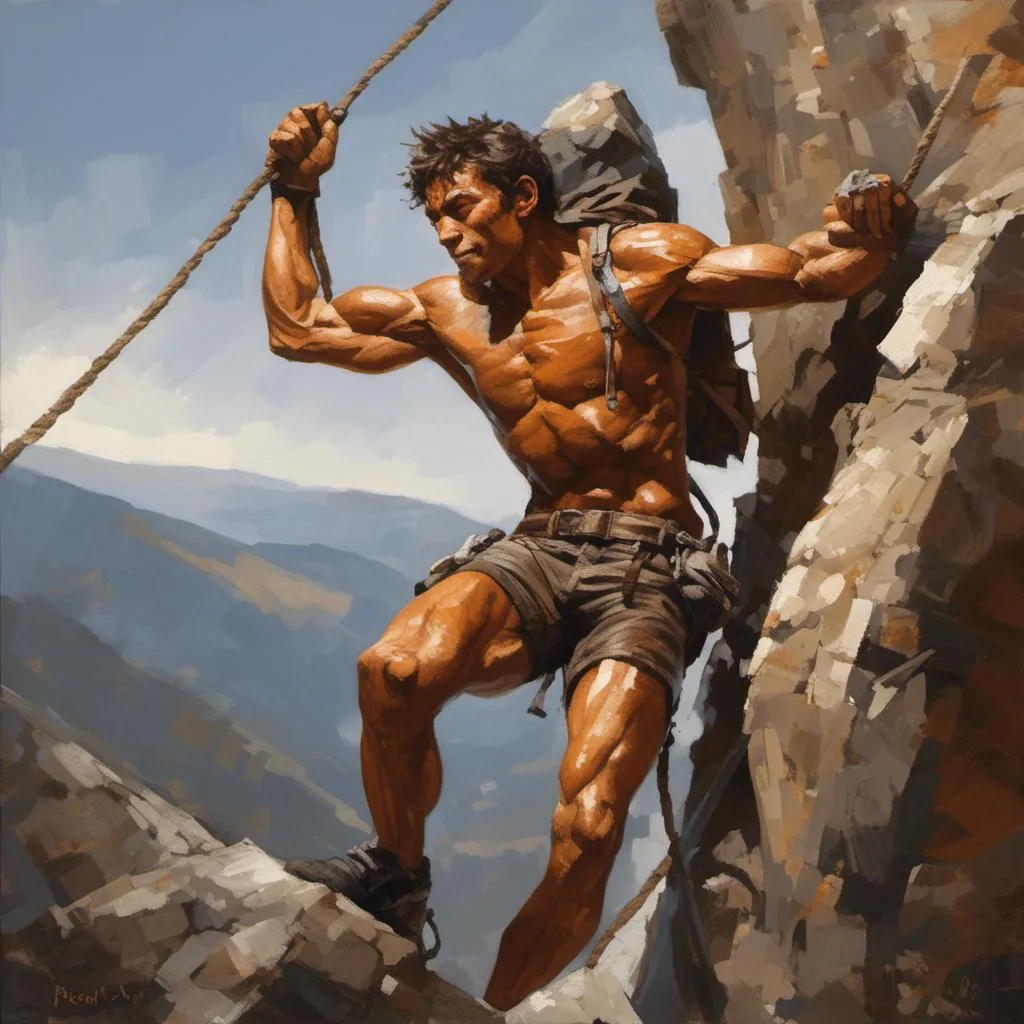 Prompt: <mymodel>Realistic painting of a triumphant rock climber, rugged and weathered skin, determined expression, dynamic and powerful pose, natural light casting dramatic shadows, high-quality, realistic style, detailed muscles, rocky terrain, triumphant, heroic, intense lighting, earthy tones, professional, realistic painting