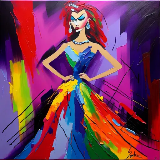 Prompt: <mymodel>Miss America in fierce competition, vibrant oil painting with intense brush strokes, elegant evening gown flowing, confident pose, determined expression, colorful palette, dramatic lighting, high quality, vibrant, oil painting, fierce competition, evening gown, confident pose, intense brush strokes, dramatic lighting