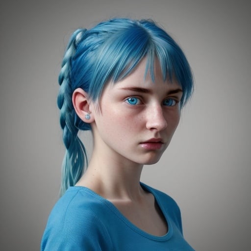 Prompt: ultra realistic girl with blue hair and bright blue eyes 