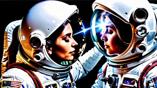 Prompt:  la gravedad, el misterio, el cosmos, amor, realista, reflejo de la tierra en la pantalla del casco astronauta, hombre + mujer cogidos de las manos.