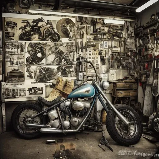 Prompt: a photograph looking straight back at a wall in a mechanic's shop. There are a few tools, parts, and a pin-up girl style calendar on the wall, in the middle of the wall there is an empty space a picture had been removed. There is a chopper style motorcycle in the foreground of the garage