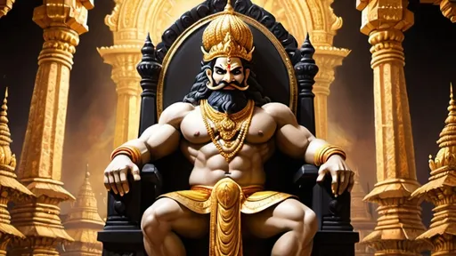 Prompt: "Ravana, the mighty king of golden Lanka, sits on the throne with great splendor and majesty. Around him are glittering golden palaces and huge architecture. Ravana's dress is majestic and wonderful - black