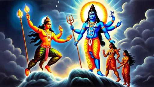 Prompt: Lord Vishnu, Shiva, and Brahma glowing with divine power, while massive demon forms rise from the earth.