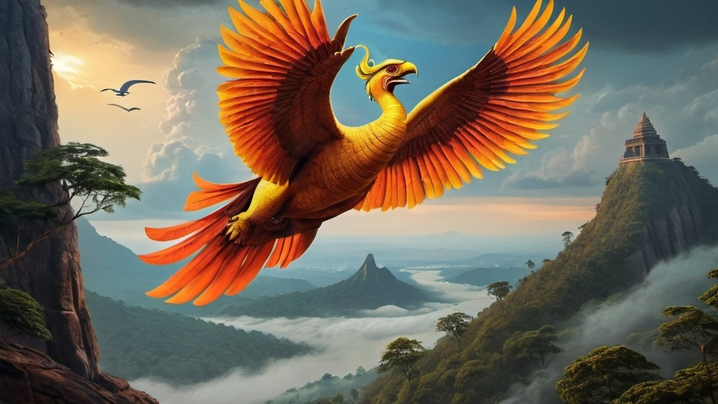 Prompt: "Depict the moment when Jatayu, the noble bird king, learns of his wife's abduction. His heart is filled with fiery rage, his wings spread wide as he prepares for battle. Jatayu's expression is one of fierce determination, his sharp eyes fixed on the distant figure of Ravana, a cruel and arrogant demon with ten heads, flying away in his chariot. The sky is stormy, reflecting Jatayu's inner turmoil. In the background, dense forests and mountains add to the epic scale of the scene, while Jatayu's body radiates courage as he vows to confront Ravana, no matter the cost