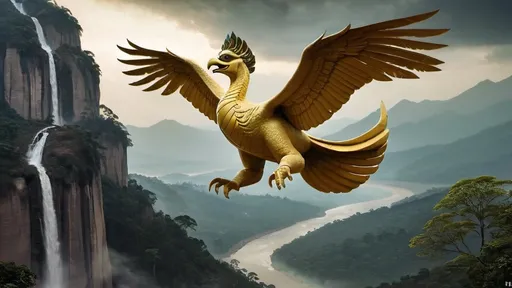 Prompt: "Depict the moment when Jatayu, the noble bird king, learns of his wife's abduction. His heart is filled with fiery rage, his wings spread wide as he prepares for battle. Jatayu's expression is one of fierce determination, his sharp eyes fixed on the distant figure of Ravana, a cruel and arrogant demon with ten heads, flying away in his chariot. The sky is stormy, reflecting Jatayu's inner turmoil. In the background, dense forests and mountains add to the epic scale of the scene, while Jatayu's body radiates courage as he vows to confront Ravana, no matter the cost