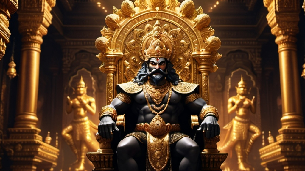 Prompt: "Ravana, the mighty king of golden Lanka, sits on the throne with great splendor and majesty. Around him are glittering golden palaces and huge architecture. Ravana's dress is majestic and wonderful - black