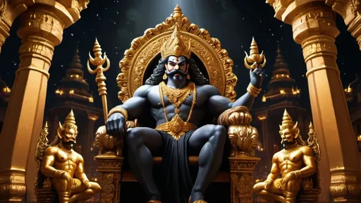 Prompt: "Ravana, the mighty king of golden Lanka, sits on the throne with great splendor and majesty. Around him are glittering golden palaces and huge architecture. Ravana's dress is majestic and wonderful - black