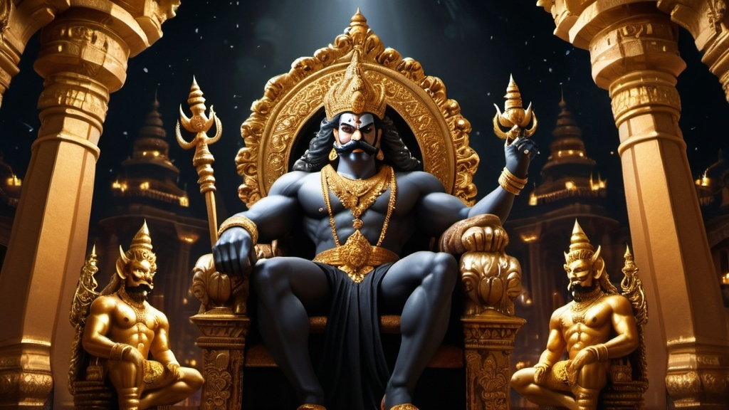 Prompt: "Ravana, the mighty king of golden Lanka, sits on the throne with great splendor and majesty. Around him are glittering golden palaces and huge architecture. Ravana's dress is majestic and wonderful - black