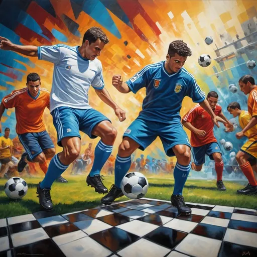 Prompt: soccer mural, realistic painting, vibrant colors, dynamic action, high quality, detailed textures, realistic perspective, sports theme, energetic atmosphere, intricate details, professional artistic style, realistic lighting, engaging composition, large scale, impactful visual storytelling, acrylic painting, chess pieces in football action, vibrant colors, detailed textures, high energy, professional, intricate details, dynamic perspective