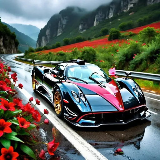 Prompt: Pagani zonda r driving on the a road in the mountain with red flowers around while raining.