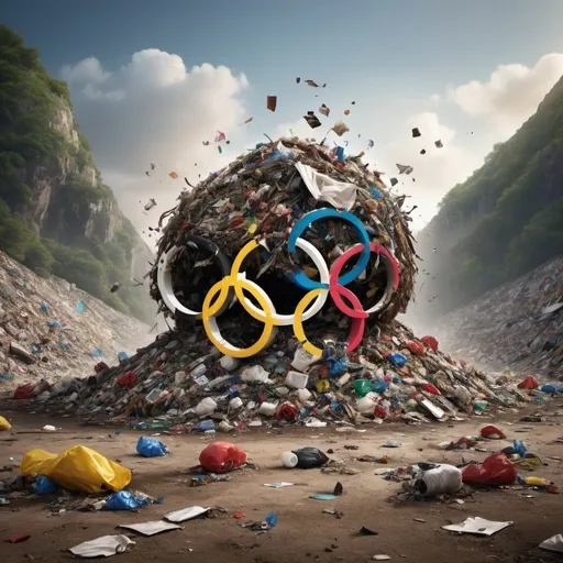 Prompt: express  the Olympics 2024 with logo and year covered in mountain of trash and covered with clay under the earth,