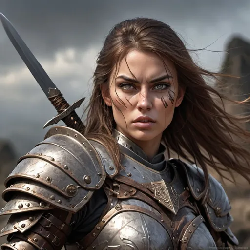 Prompt: <mymodel> Warrior woman, fully covered armor, dual swords, fantasy, high-res, detailed fantasy illustration, realistic fantasy art, medieval style, battle-ready, dramatic lighting, fierce expression, intricate armor design, intense eyes, powerful stance, fantasy warrior, detailed weaponry, strong female character, professional digital art, epic fantasy scene