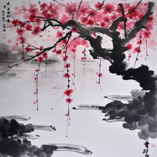 Prompt: A picture depicting a red sakura tree and floating pink leaves, with a black and white background.



