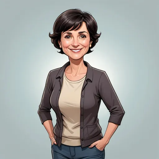 Prompt: The same happy middle-aged, cartoon woman with short dark hair standing showing whole body with hands at side
