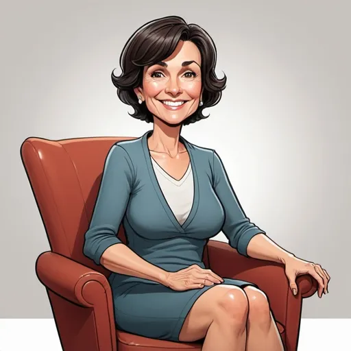 Prompt: A happy middle-aged, cartoon woman with short dark hair sitting in a chair showing whole body
