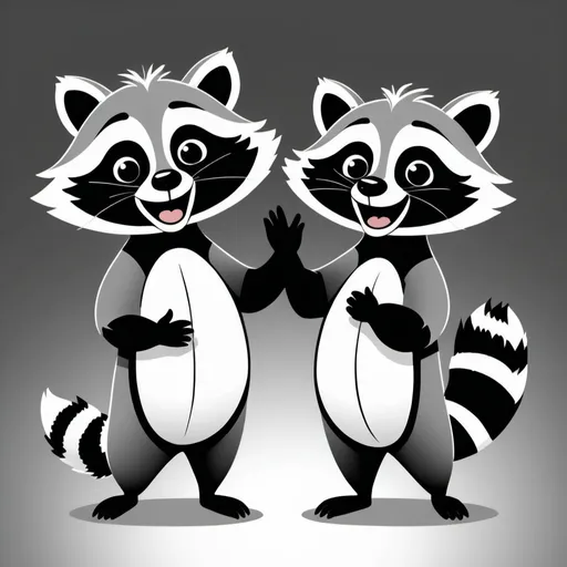 Prompt: 2 individual friendly  cartoon raccoons with white belly white and black stripped tail singing to each other