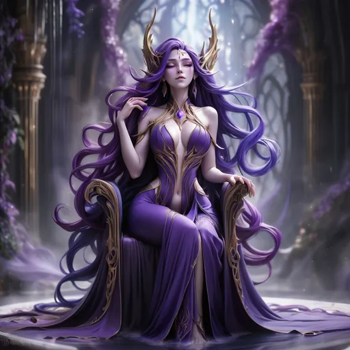 Prompt: A (((full body shot))) of a (((void elf))) with (((extremely long, thick, cascading purple hair))), which flows down to her shoulders and cascades down her back, caught in a (((dazzlingly detailed and intricate full color tableau))) that exudes an air of luxurious whimsy. She's (((drunkly inebriated, with a slightly disheveled but elegant presence))), having lost all sense of soberity in the aftermath of a (massive battle between void elves and orcs, fueled by a potent brew of ale and mead, which sends its effervescent bubbles swirling and intermingling in a mesmerizing dance). Her (((purple skin))), lightly flushed with a hint of color, complements the scene, as do her (((vividly purple eyes))), which sparkle and shimmer like topaz amidst the swirling bubbles. She holds a (((mahogany staff))) in one hand, its ornate design and intricate carvings catching the light and casting a warm glow around her.