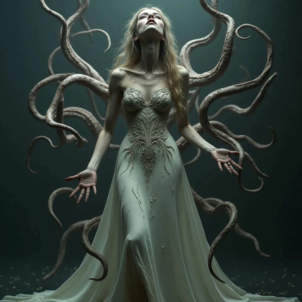 Prompt: A (((full-body shot))) of a (((woman with a pale complexion))) who appears to be being (((tortured))) by (((tentacles))) that seem to be (((creepingly wrapping around her body))), with a (((messy, yet meticulously detailed) appearance to her skin, suggesting a (timeless fairytale-like atmosphere) reminiscent of (((Cris Ortega's, Luis Royo's, and Victoria Francés' meticulously detailed fantastical sets))), clad in a (((modernly minimal yet ornate full-length dress))), embodying a (hyperrealistic, modern approach) that exudes a (cinematic, 4K quality) with (dynamic lighting) that brings out all the intricate details in a breathtakingly immersive visual experience
