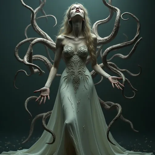 Prompt: A (((full-body shot))) of a (((woman with a pale complexion))) who appears to be being (((tortured))) by (((tentacles))) that seem to be (((creepingly wrapping around her body))), with a (((messy, yet meticulously detailed) appearance to her skin, suggesting a (timeless fairytale-like atmosphere) reminiscent of (((Cris Ortega's, Luis Royo's, and Victoria Francés' meticulously detailed fantastical sets))), clad in a (((modernly minimal yet ornate full-length dress))), embodying a (hyperrealistic, modern approach) that exudes a (cinematic, 4K quality) with (dynamic lighting) that brings out all the intricate details in a breathtakingly immersive visual experience
