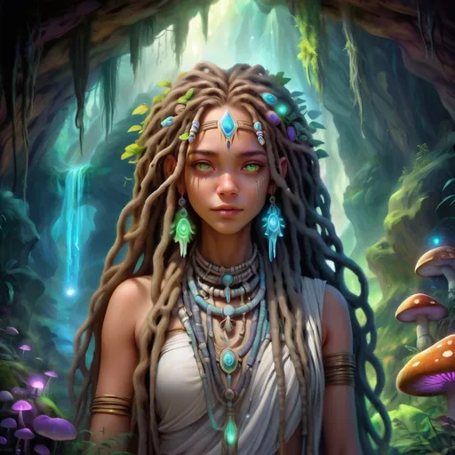 Prompt: A (((shamanic girl))) with long, flowing (((dreadlocs))), framing a serene and mystic face, dressed in ethereal, (((ancient tribal attire))), smosing (((psychedelic herbs))) amidst a (((magical cave))) filled with (bioluminescent mushrooms) that imbue the air with an ethereal glow, accented by (mystical crystal formations) and (opalescent water droplets) on the walls and floor. Her hair is (long, flowing blonde), adorned with (delicate dreadlocs) that match the soft, natural glow of the surroundings, evoking a sense of wonder and ancient spiritual wisdom.