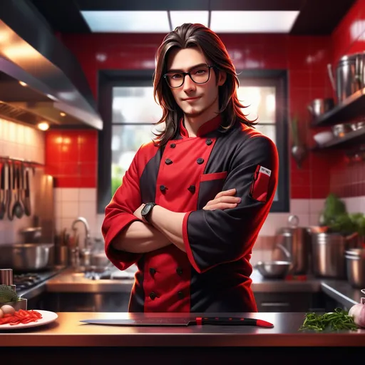 Prompt: (young chef), standing in front of his restaurant, holding a knife; wearing (black and red chef coat), long hair, glasses, vibrant colors, (highly detailed), kitchen background, inviting ambiance, cheerful atmosphere, (4K), sunlight illuminating the scene, showcasing culinary passion and professionalism.