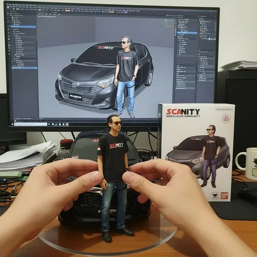 Prompt: Two hands gently pick up the figure in the frame and rotate it slightly for inspection. The model on the computer screen and the model printed on the packaging box remain stationary, while all other background elements stay unchanged.