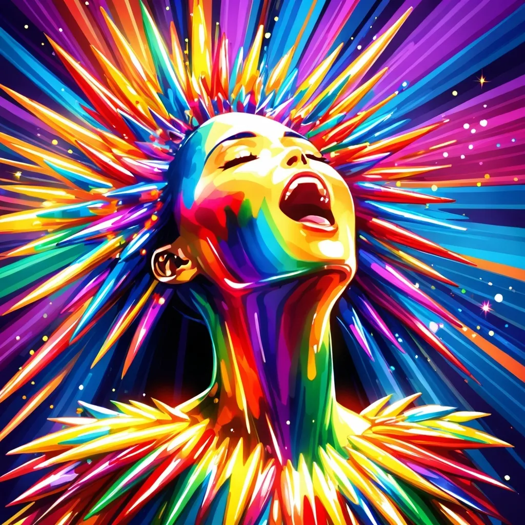 Prompt: A shiny person singing bursting with radiant colors symbolizing singing as art. 