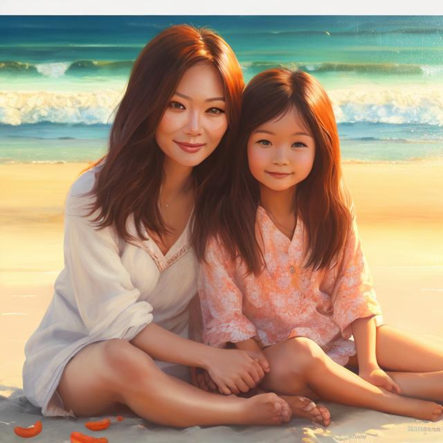 Prompt: Asian mother and adult daughter sitting at the beach, small orange Pomeranian, sunset view, warm, emotional, realistic painting, detailed facial features, serene atmosphere, beach landscape, high quality, emotional realism, detailed characters, warm lighting, coastal setting, realistic, emotional connection