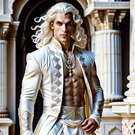 Prompt: fantasy style, beautiful young male prince with long white hair, loose curls, big detailed pale silver eyes, pale skin, no shirt, white brocade satin kilt, white Indian-style palace of carved marble, ivory, cream, white fur, velvet, silks, soft lighting, high res
