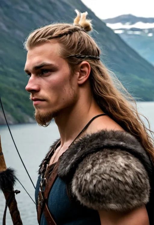 Prompt: A handsome rugged young Viking male. 16 yrs old, muscles, long hair with a single baraid on his right side. there is a mountain range behind him and a fjord.  He carries an impressive bow across his back with his quiver.  He has aa Huge black direwolf next to him 