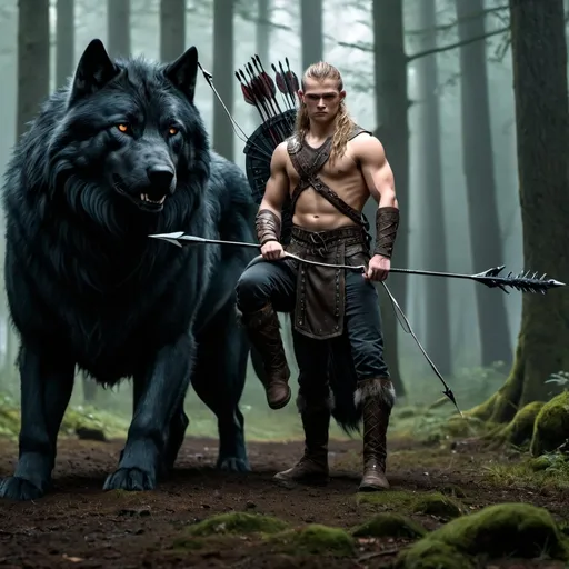 Prompt: A teen Viking with muscles long hair with a single braid hanging on his right side. and holding an impressive bow and arrow. He's 
Practicing while a large black direwolf keeps watch over him.