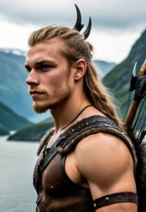 Prompt: In a landscape image A handsome rugged young Viking male. 16 yrs old, muscles, long hair with a single baraid on his right side. there is a mountain range behind him and a fjord.  He carries an impressive bow across his back with his quiver.  He has a Huge black direwolf next to him 