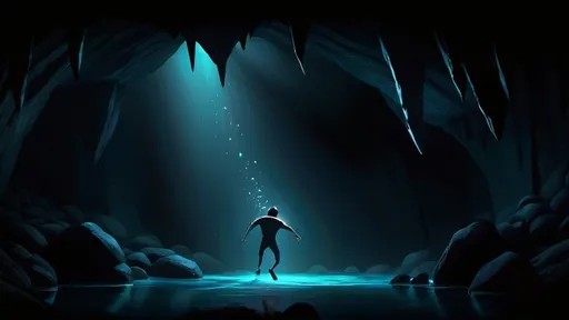 Prompt: Fantasy dark deep cave and a man falling to it, Disney Pixar version animation style