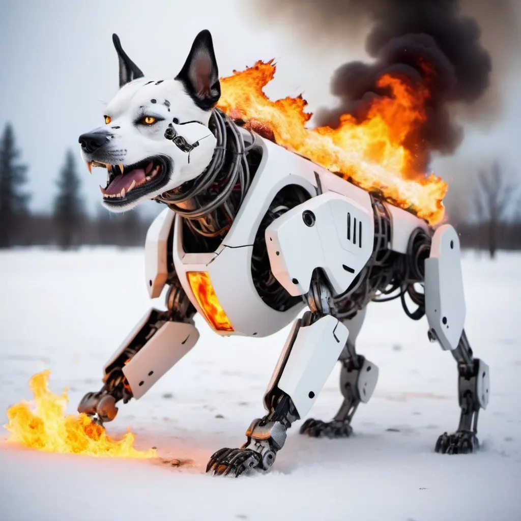Prompt: Aggressive robot dog in catastrophic battle, incorporate fire, ice. 
