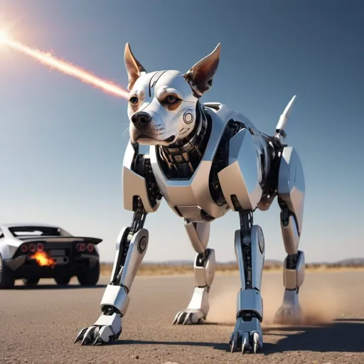 Prompt: Aggressive robot dog. Supercar. Meteor strike in distance 