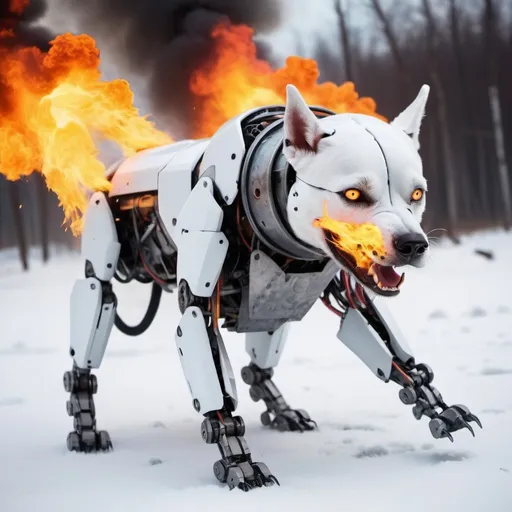 Prompt: Aggressive robot dog in catastrophic battle, incorporate fire, ice. 