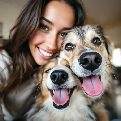 Prompt: In a warm, inviting atmosphere, a woman smiles broadly alongside a playful dog in a close-up selfie, radiating joy and companionship. The woman, with long dark hair and wearing a light-colored top, leans in closely, showcasing her cheerful expression and warmth, while the dog, sporting a mix of light and dark fur, grins with its tongue out, embodying a sense of happiness. The background features soft, blurred hints of a casual indoor setting, likely in a communal space where pets and people intermix. The overall composition, characterized by vibrant smiles and the bond between human and animal, evokes a feeling of affection and bliss, capturing a moment of shared joy in daily life.