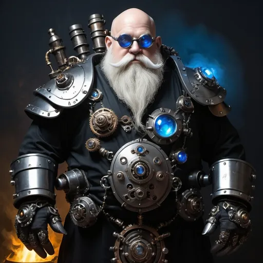 Prompt: Dwarf, dredded in advanced steampunk exoskeleton-mech dnd armor with shiny onyx gems embodied in hands, hi-tech gauntlets with a blue gem, dnd character, steampunk setting, dramatic lighting, black and silver color pallette, hi-tech gadgets, opaque welding goggles, bald, face dirty from oil and dust, long, luscious white beard, dark fantasy