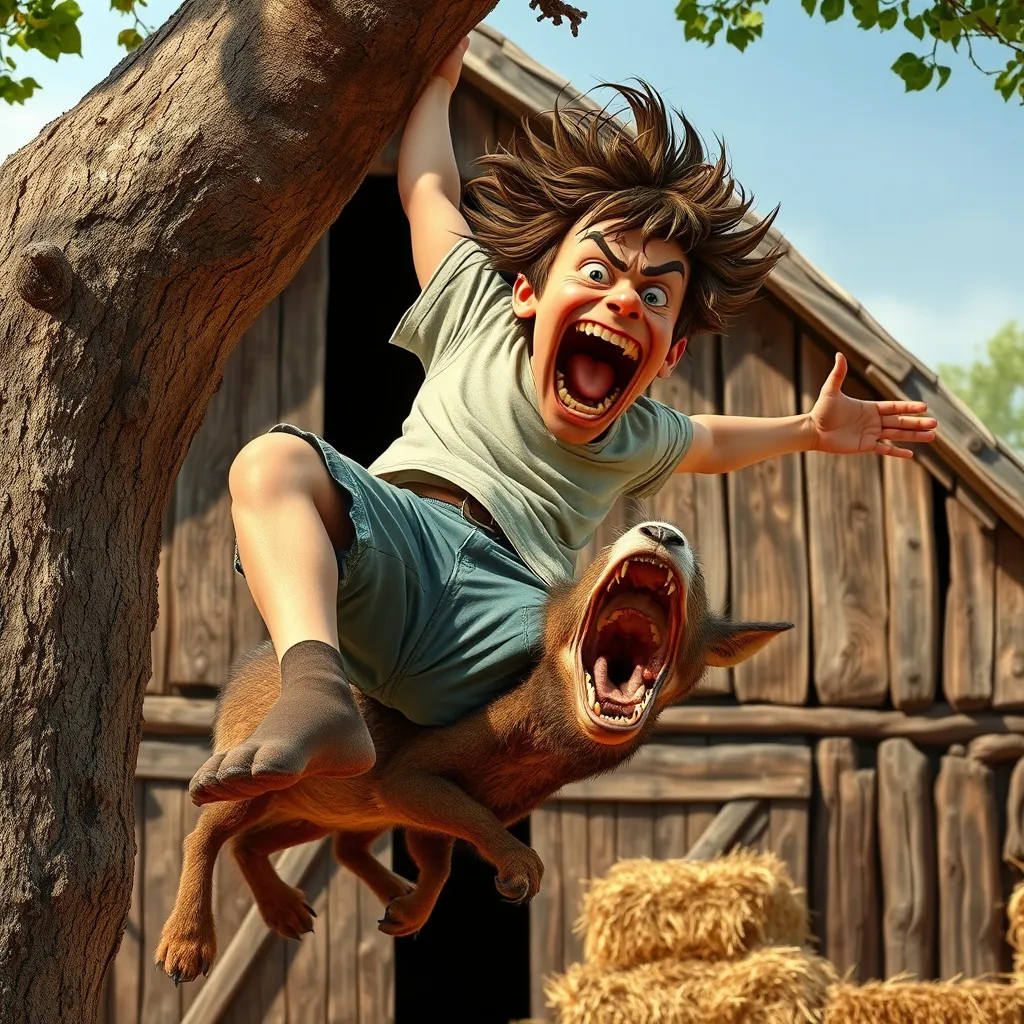 Prompt: Gambar hilarious scene of a young Spanish man with wild, messy hair, screaming in terror as he falls from a tree, wearing a t-shirt and shorts. A furious animal, comically out of place, is fiercely biting and tearing his lower pants, while the man's face shows exaggerated shock. The rustic barn in the background is detailed with old wood and hay bales, creating a humorous contrast, dynamic action shot, cartoonish expressions