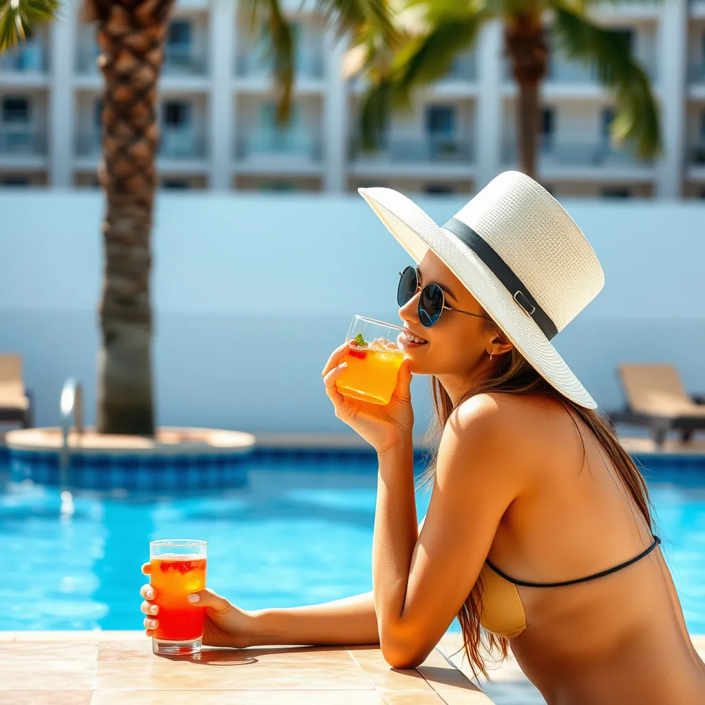 Prompt: A beautiful young lady having a nice drink at the pool